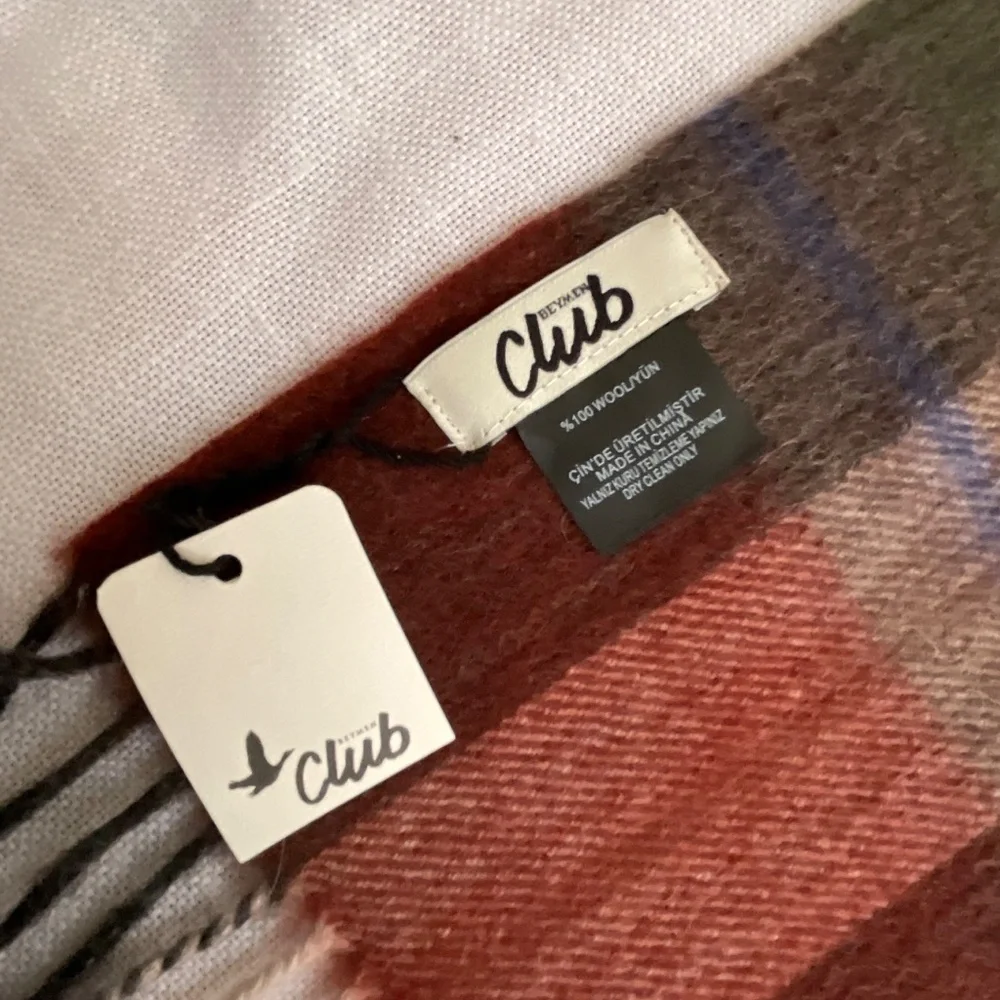 NWT Beymen Club 100%Wool Plaid Fringed Scarf 12”x72” NEW